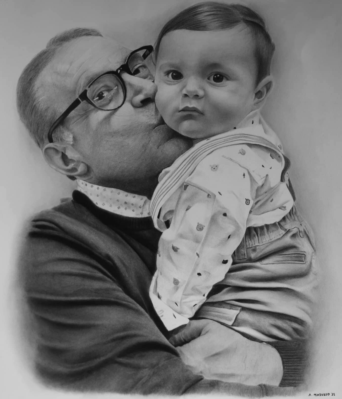 Ritratto a matita di un nonno e il nipotino