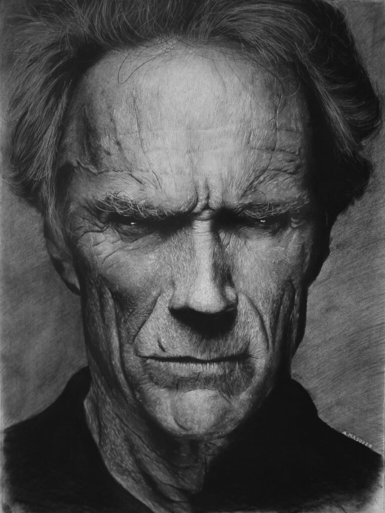 Ritratto iperrealistico a matita di Clint Eastwood
